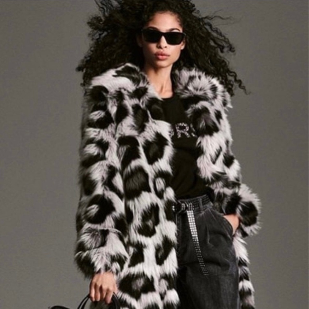 MICHAEL KORS faux fur leopard print soft grey, slate, & black coat - Medium!
